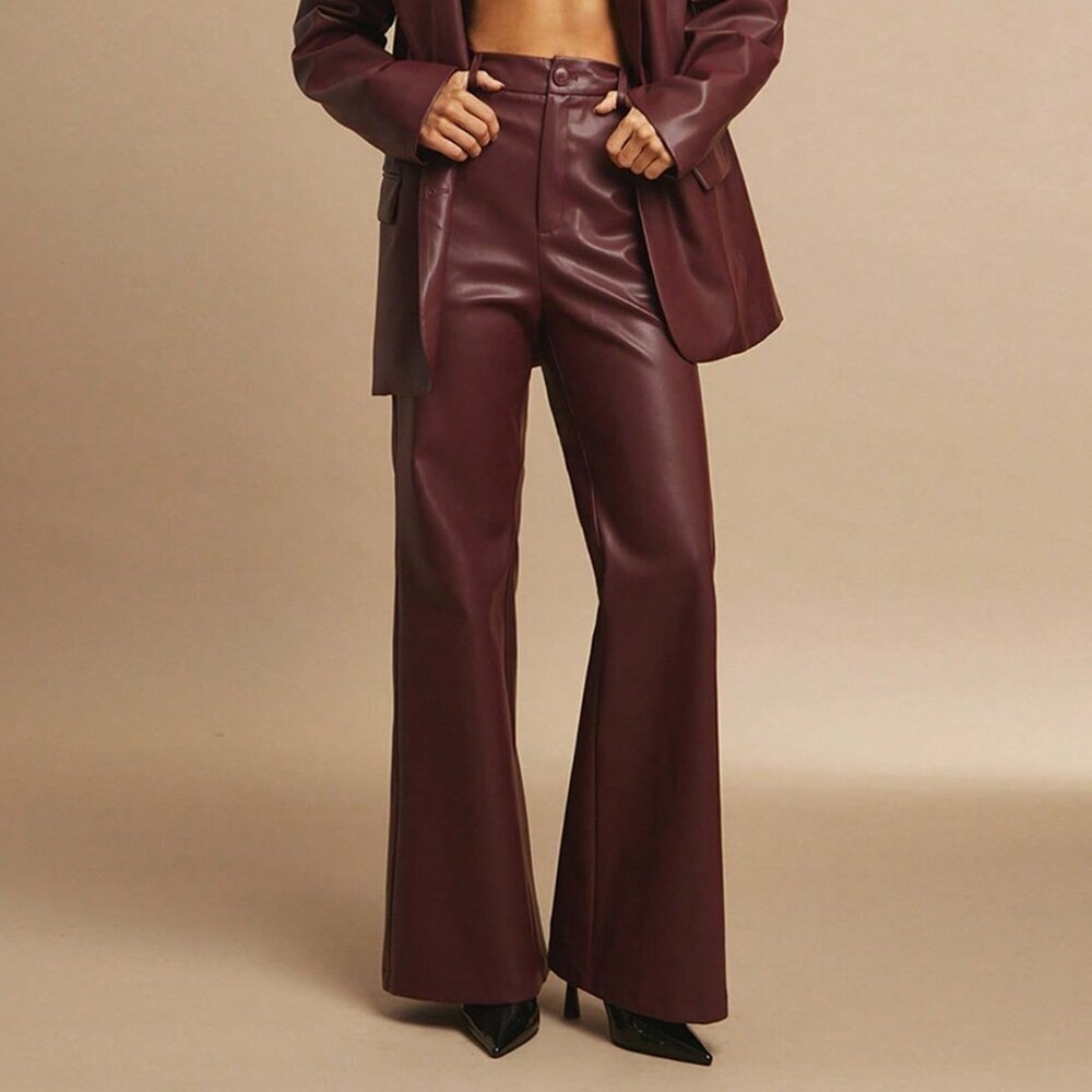 Wine Red Elegant Flared High Waist Polyurethane Pants
